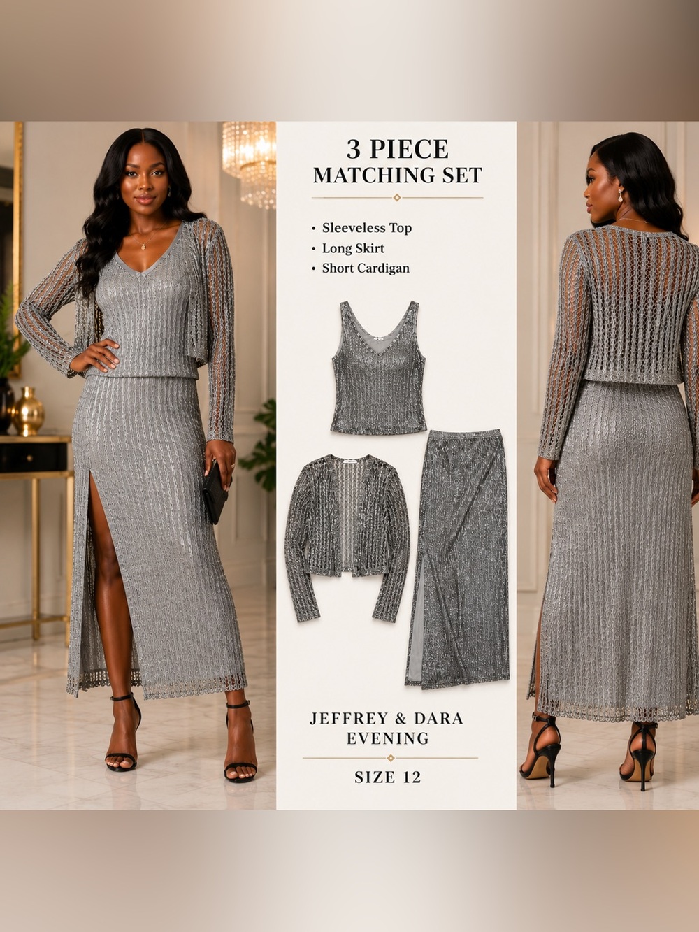 Vintage Jeffrey & Dara Evening 3 Piece Metallic Silver Skirt Set Size 12